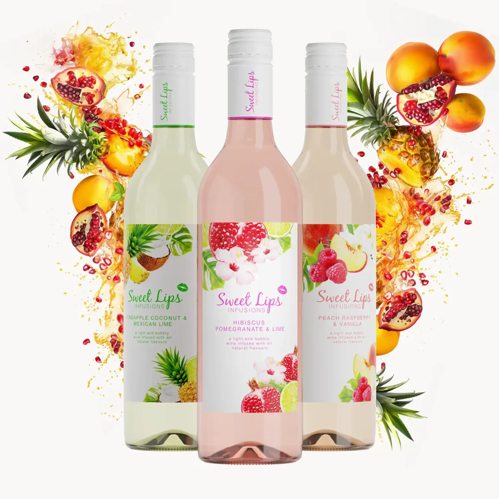 Sweet Lips Infusions range image three wine bottles with splashes of tropical fruits on a white background