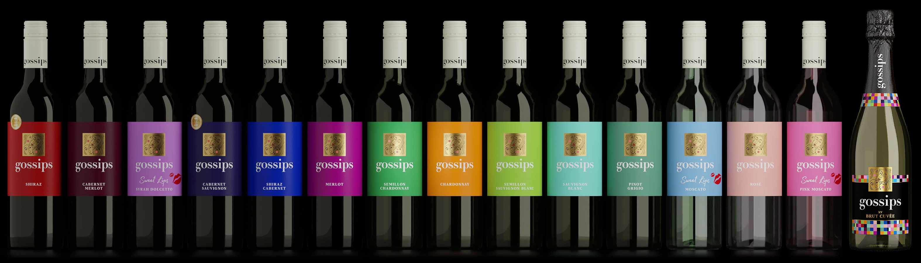 Gossips wine full range image 15 bottles of wine on a black background